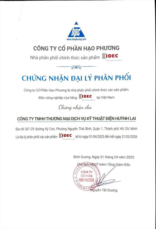 Giấy chứng nhận Huỳnh Lai là nhà phân phối chính thức của IDEC - Cam kết cung cấp sản phẩm chính hãng