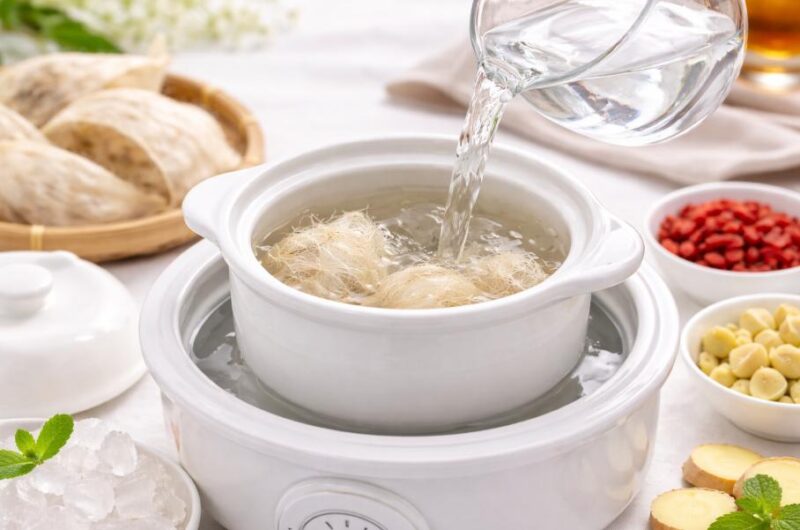 Chế nước vào, tiến hành chưng yến khoảng 20 - 30 phút