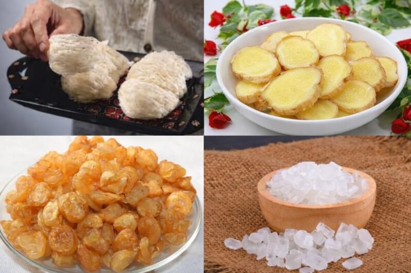 Một số nguyên liệu chính làm yến chưng long nhãn và đường phèn 