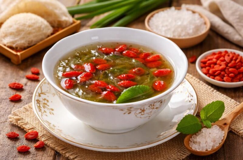 Thành phẩm yến chưng kỷ tử và đường phèn hấp dẫn