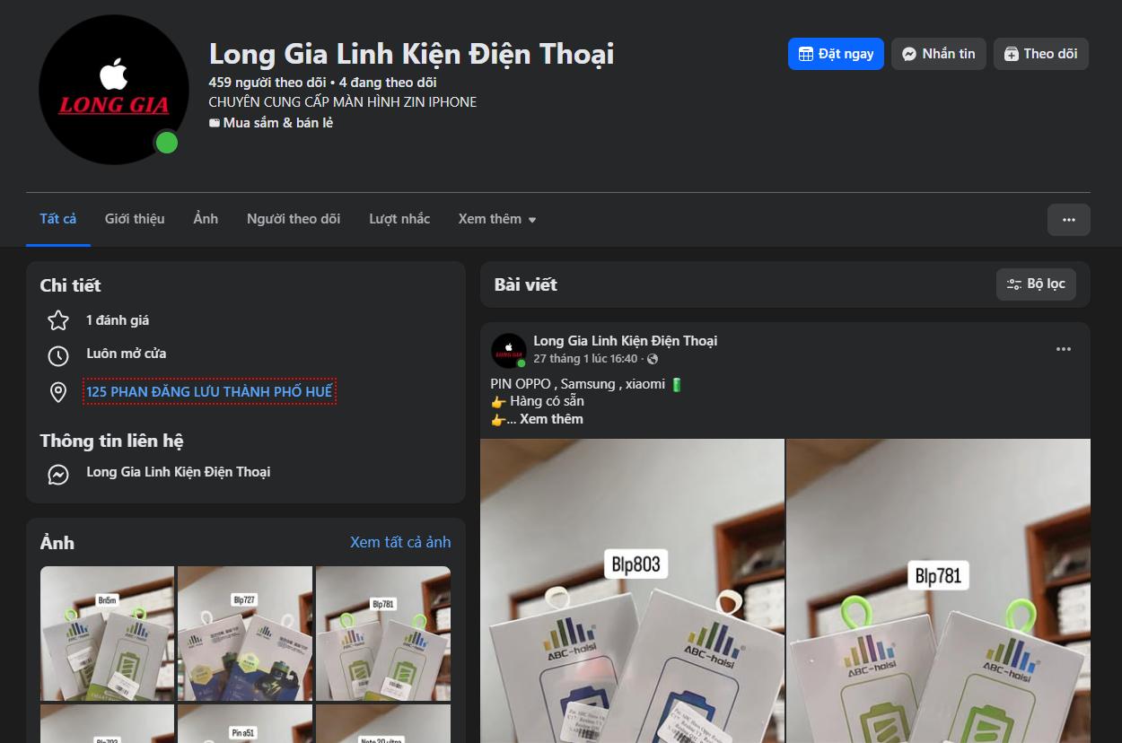 Trang fanpage của Long Gia linh kiện điện thoại